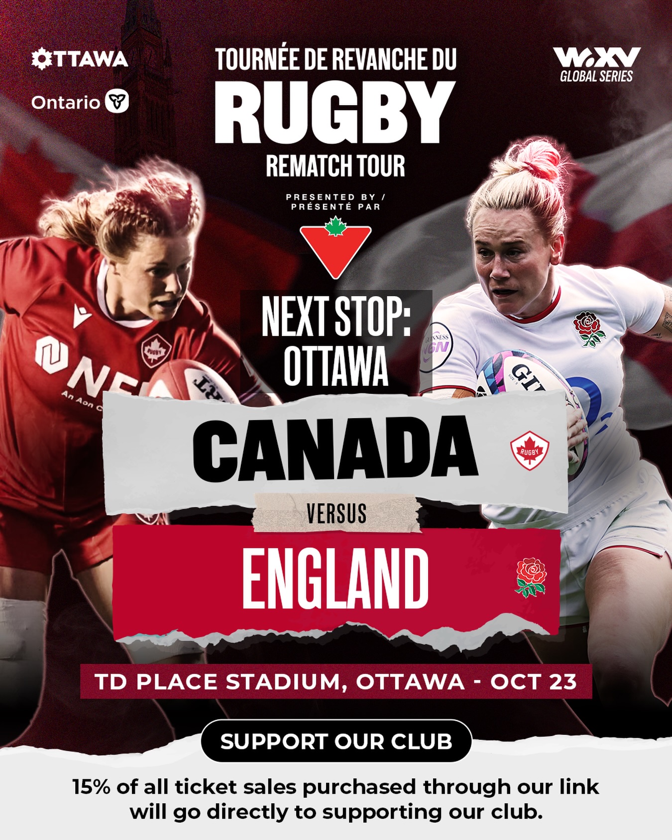 TICKETS ON SALE NOW! 🎟️ 

Tickets for the upcoming match at TD Place are now on sale. Join us in supporting @rugbycanada as they take on @redrosesrugby in Ottawa on October 23.

15% of all ticket sales for the upcoming Canada Women’s 15s match sold directly through our club’s exclusive link will help support us!

🔗 Link is in our bio to buy tickets!
 
THIS IS RUGBY. THIS IS CANADA.

🗓️ Friday, October 23rd 2026
🏟️ TD Place Stadium, Ottawa

@eorugby @rugbyontario #ottawarugby #inclusiverugby #igrugby #rugby #ottawaevents rugbycanada rugby15